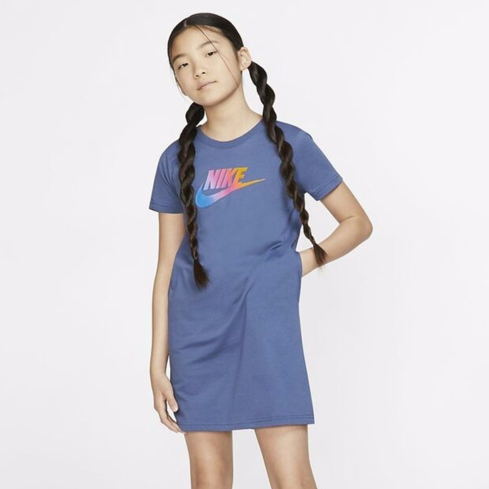Nike Girls Blue Graphic Sporty Short Sleeve Pullover T-Shirt Dress Size XL